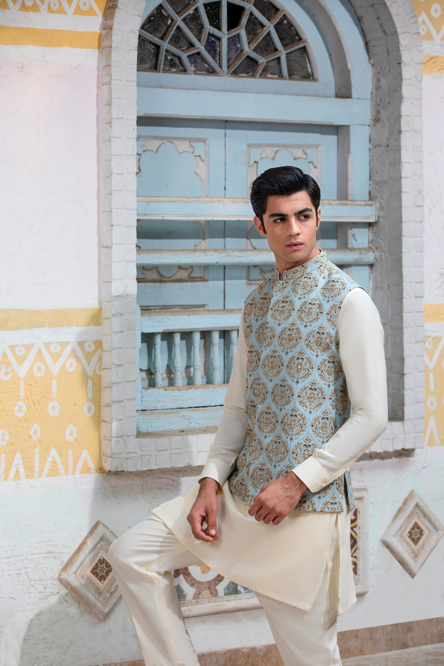 Ice-Blue Hand Embellished Waistcoat