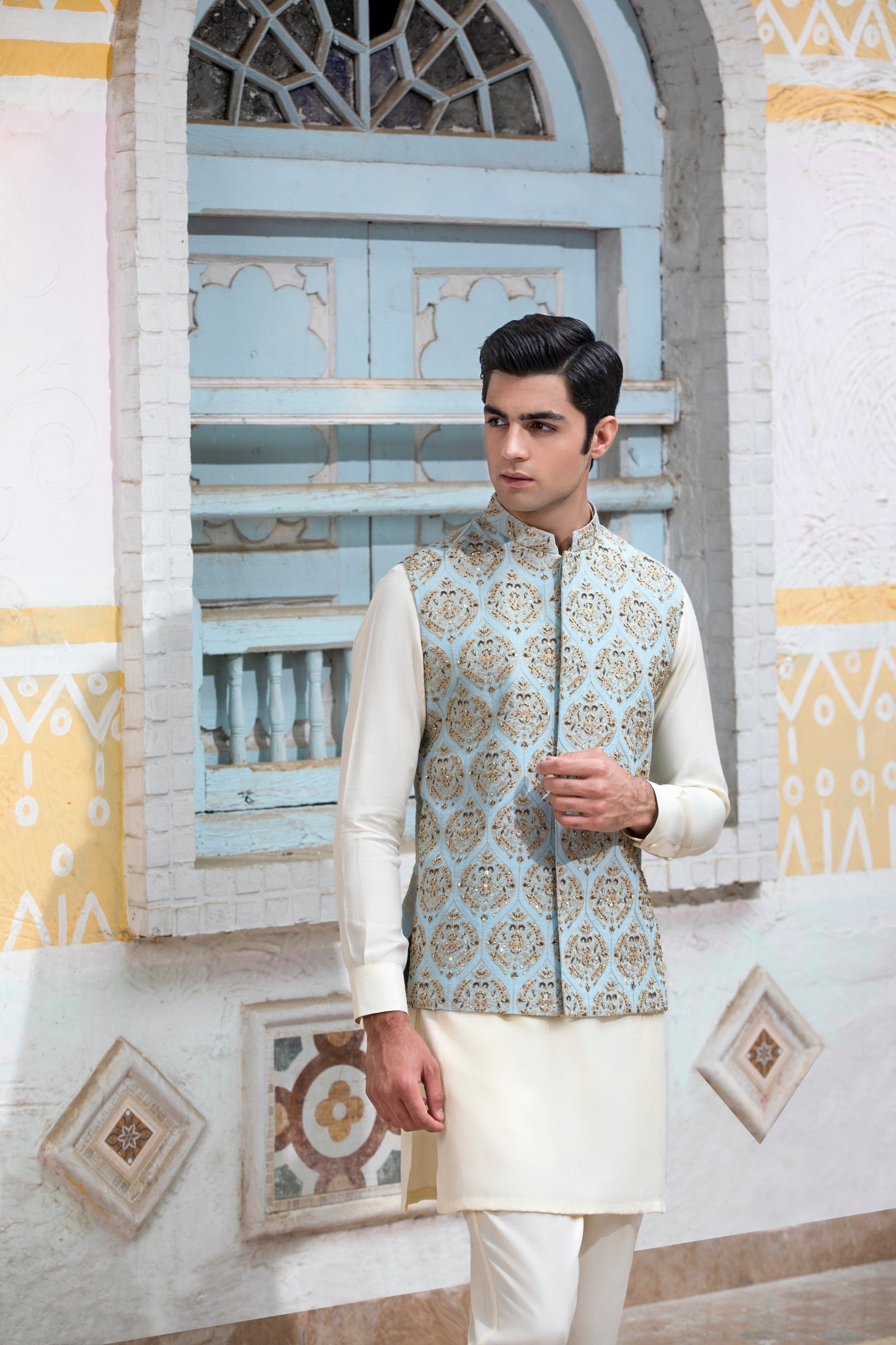 Ice-Blue Hand Embellished Waistcoat