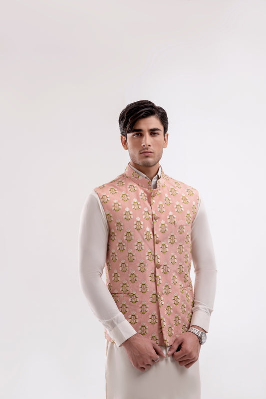 Light-pink Self Floral Embroided Waistcoat