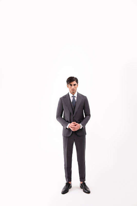 Loro Piana Super 150 Australis Wool -Mid grey Peak Lapel 3 Piece Suit