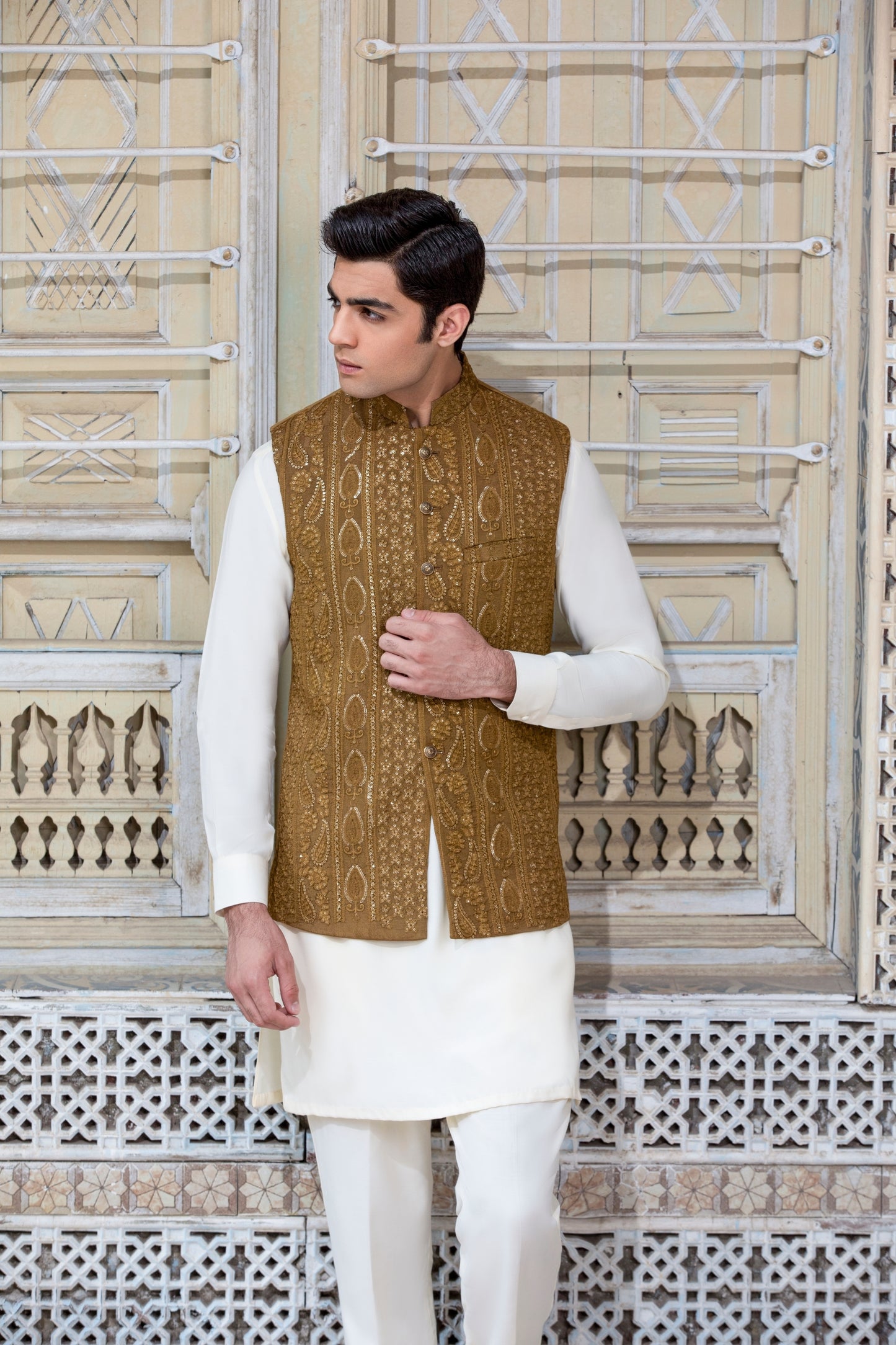 Mustard Sequence Embroidered Waistcoat
