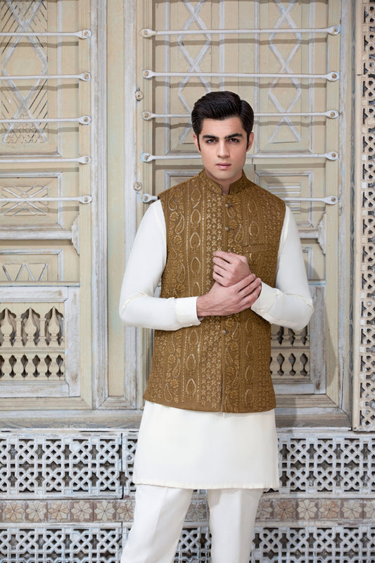 Mustard Sequence Embroidered Waistcoat
