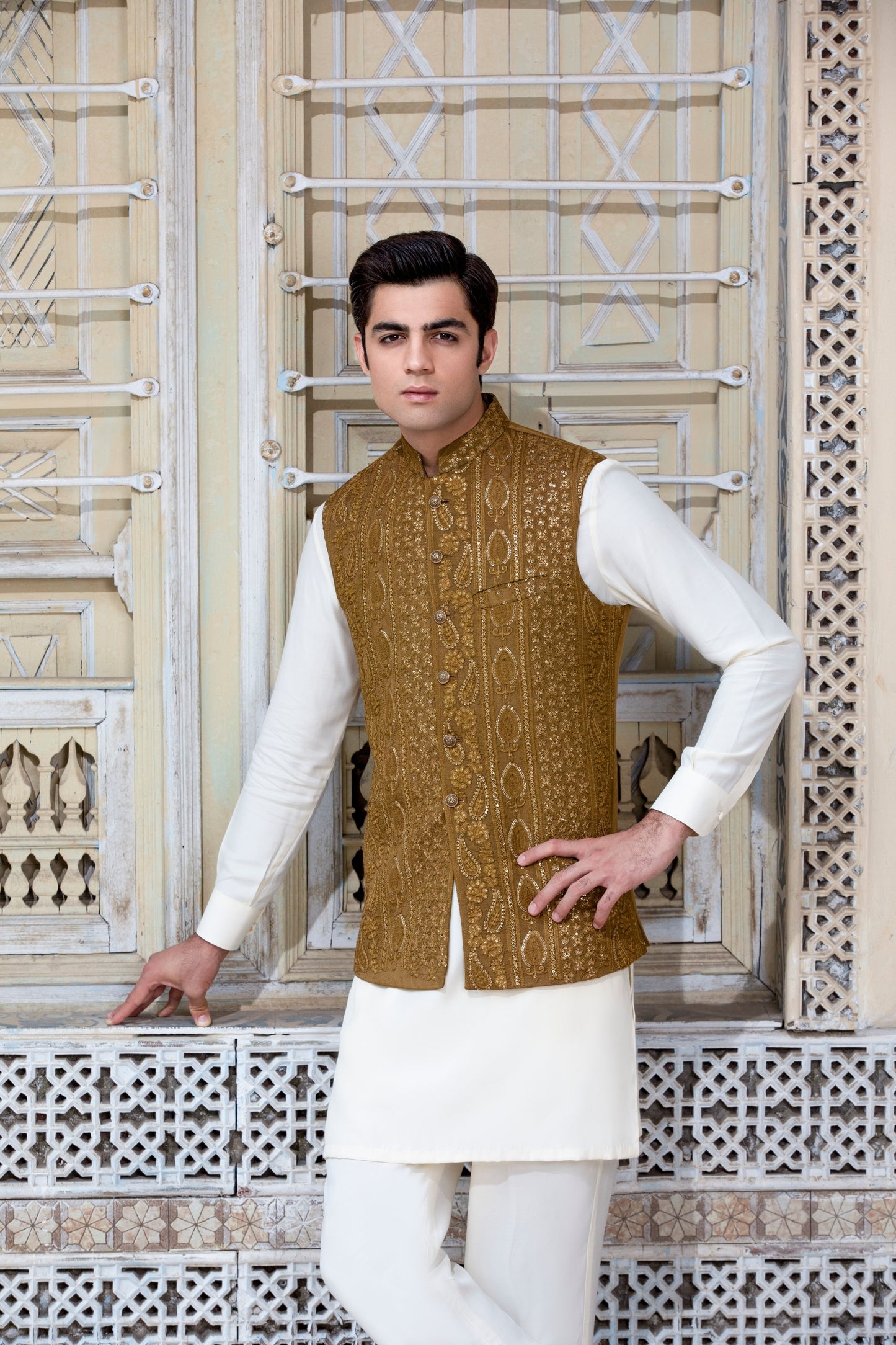 Mustard Sequence Embroidered Waistcoat