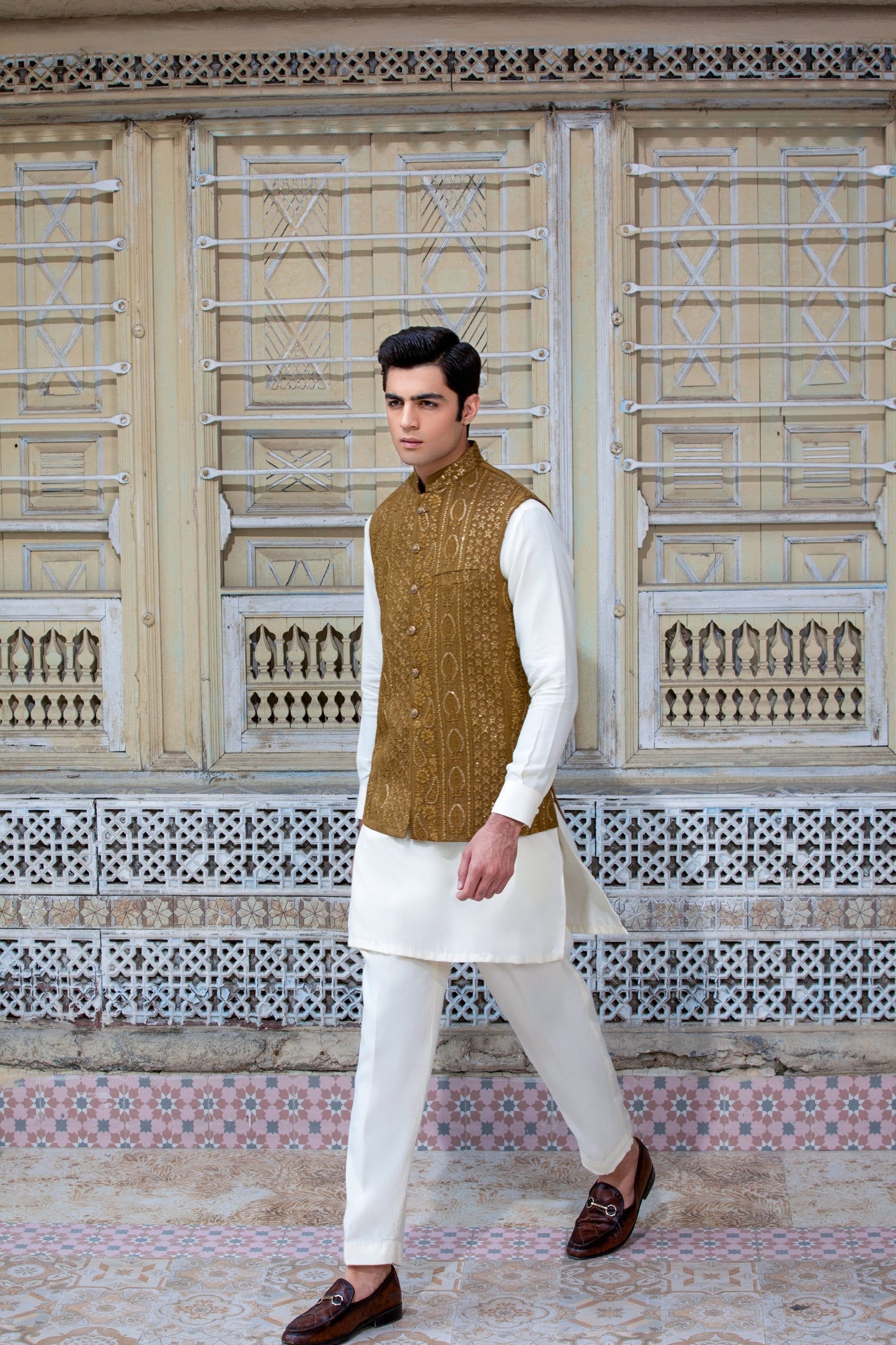 Mustard Sequence Embroidered Waistcoat