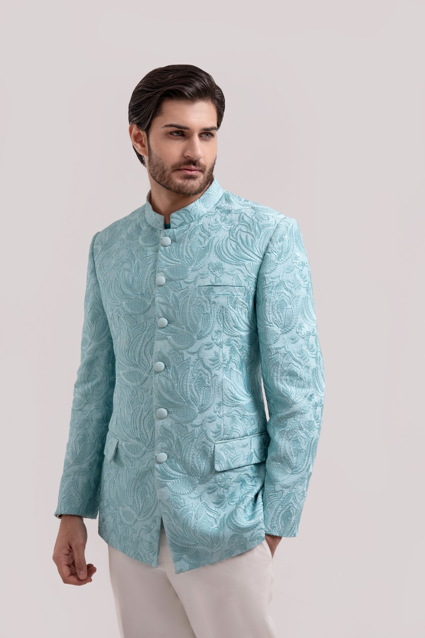 Self Embelished Mandarin collar Jacket