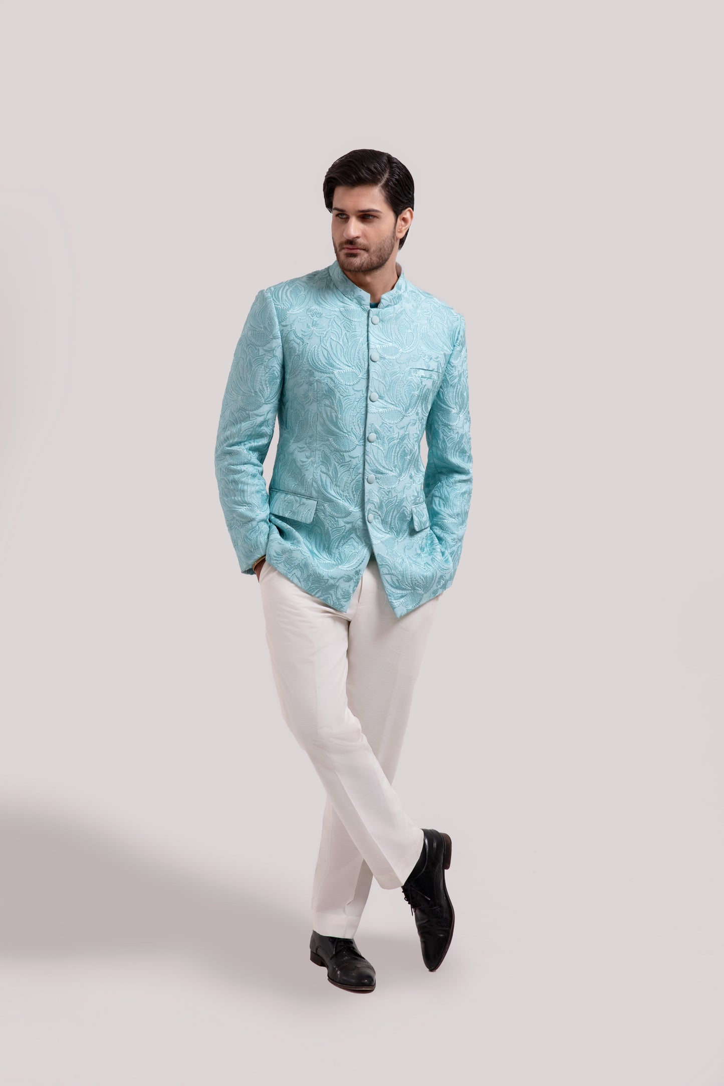 Self Embelished Mandarin collar Jacket