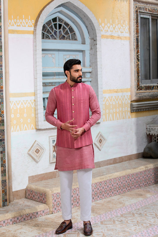 Tea-pink Self-Embroidered Waistcoat
