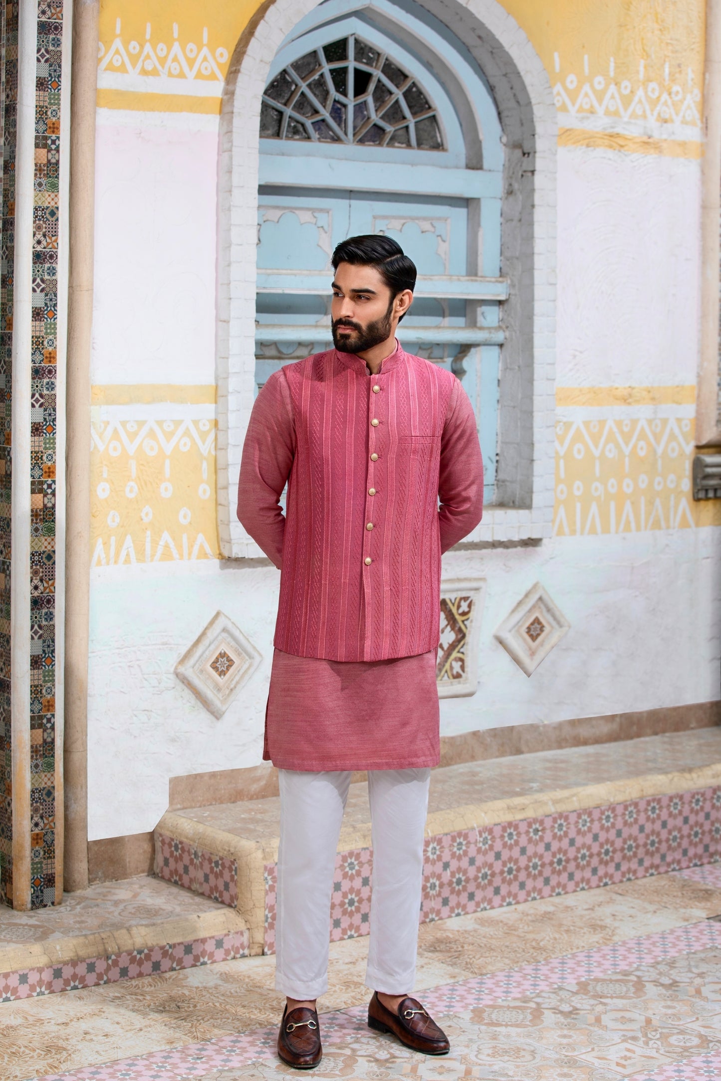 Tea-pink Self-Embroidered Waistcoat